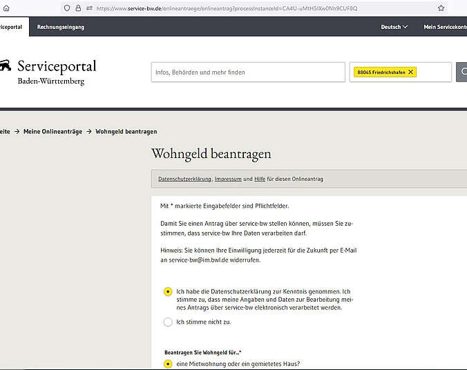 Screenshot Wohngeldantrag online